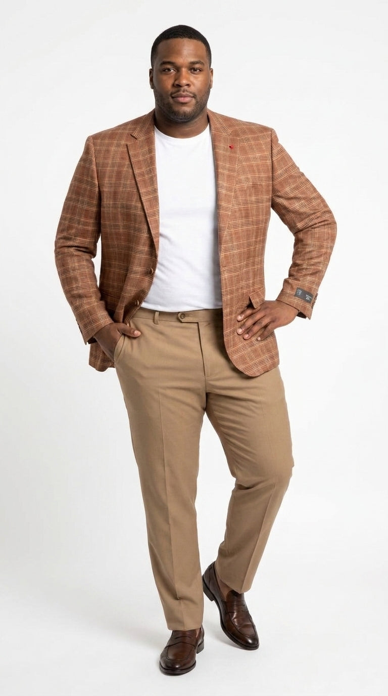 Vitali Men’s Rust Copper Brown Plaid Blazer with Tan Pants – Classic Windowpane, Business and Smart-Casual Birck color Suit