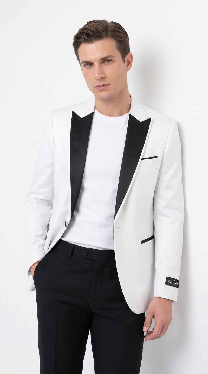 Men's White Sparkle Dinner Jacket – Black Satin Shawl Lapel Tuxedo Blazer Slim Fit Sequin Shiny Prom Jacket