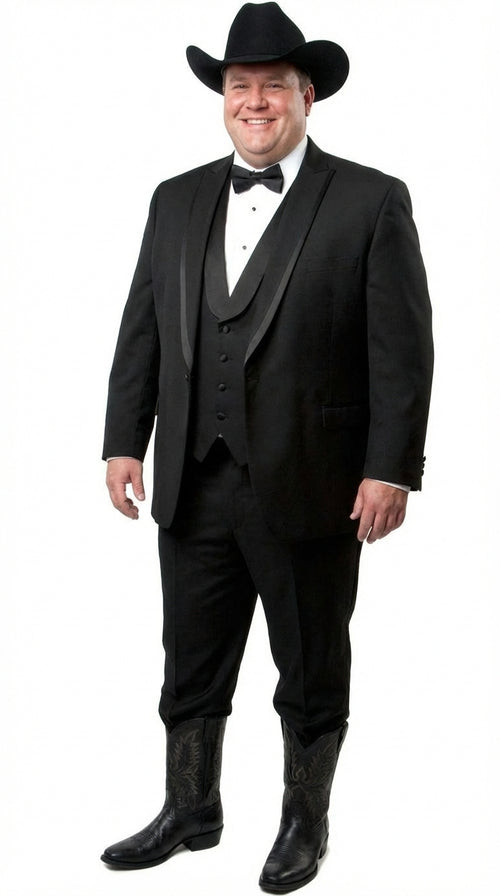 Black Western Tuxedo for Men | Classic Three Piece Formal Wedding Peak Lapel with Trim Collar Cowboy Suit