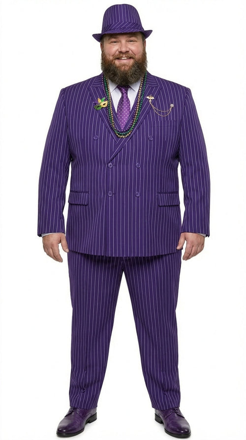 Men’s Purple Pinstripe Mardi Gras Suit | Classic Double Breasted Formal Carnival Suit