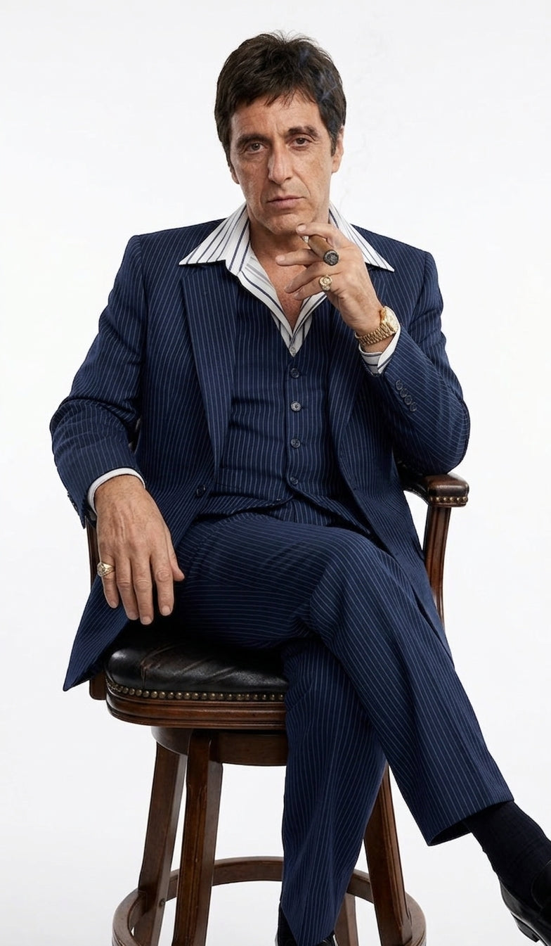 Tony Montana’s Blue Pinstripe 3 Piece Suit – Men’s Vintage Blue Striped Suit for Wedding, Prom and Classic Formal Wear