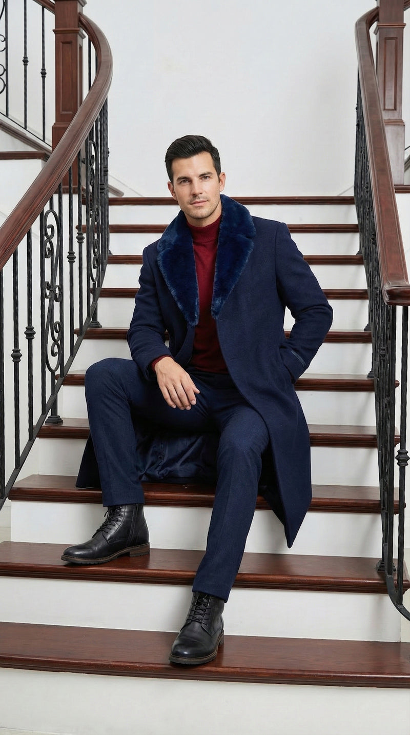 Mens Dark Navy Blue Long Overcoat with Faux Fur Collar, Classic Winter Dress Coat for Formal