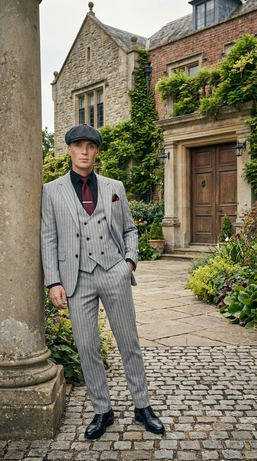 Men's Light Gray Pinstripe 3 Piece Suit – Peaky Blinders Inspired Vintage Gangster Style Formal Suit