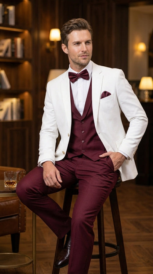 Menās White and Burgundy 3 Piece Tuxedo Suit, Vested Formal Wedding Prom Dinner Suit Set bowtie included
