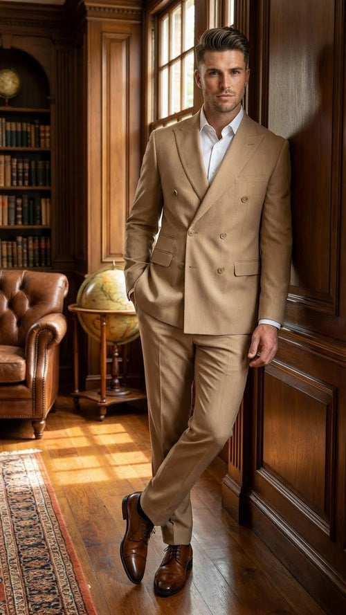 A beige double-breasted suit features a tailored jacket with two rows of buttons, creating a structured silhouette, and matching trousers. The fabric appears smooth and slightly textured.