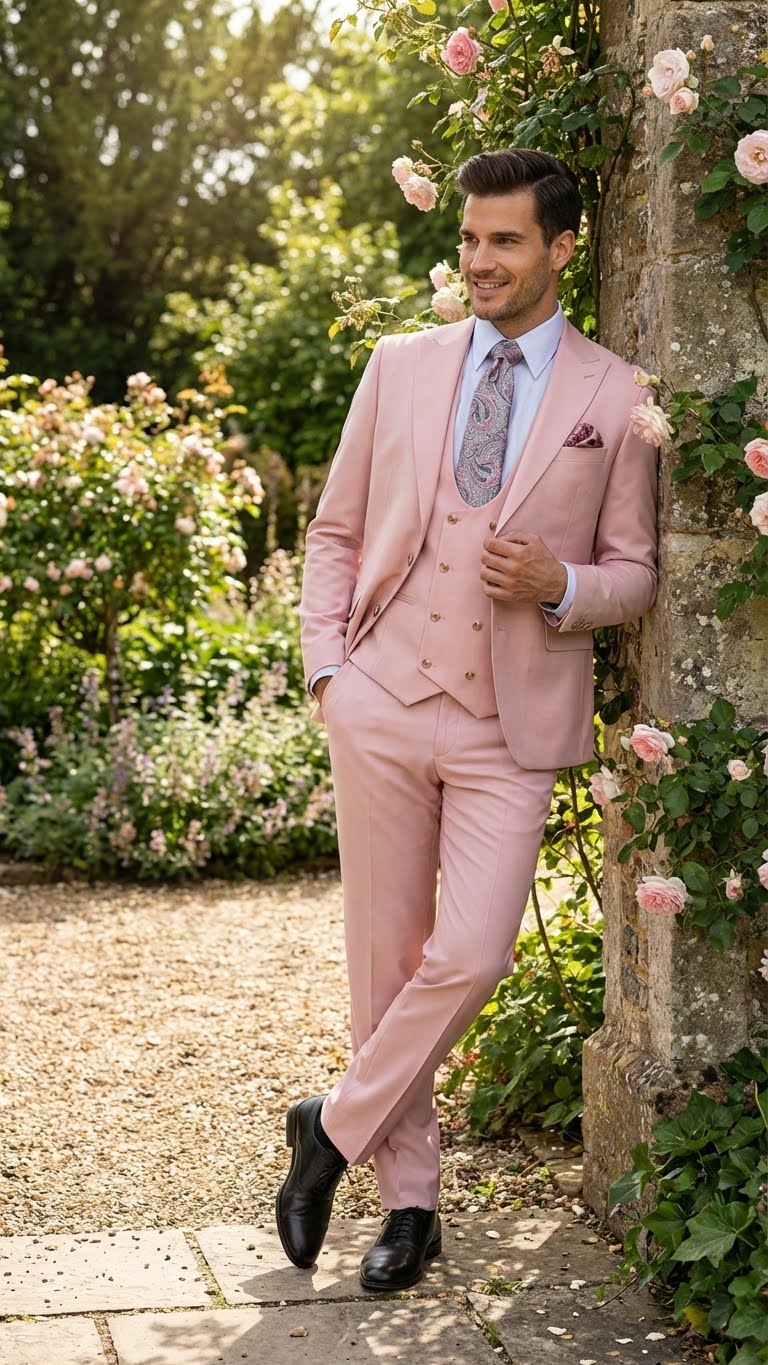 Alberto Nardoni men's blush pink & gold three-piece suit: fitted jacket w/ notched lapel, matching vest, slim-fit trousers. Smooth fabric. Patterned tie & light blue shirt. Black shoes.