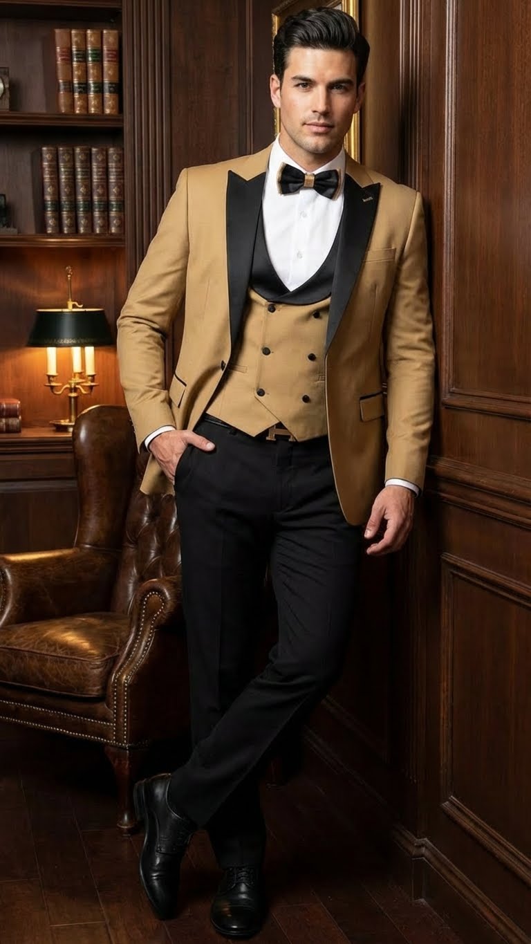 Men's Dark Camel Tan Khaki and Black Great Gatsby Tuxedo Suit - Vintage 1920s Formal Wedding, Party and Event Wear