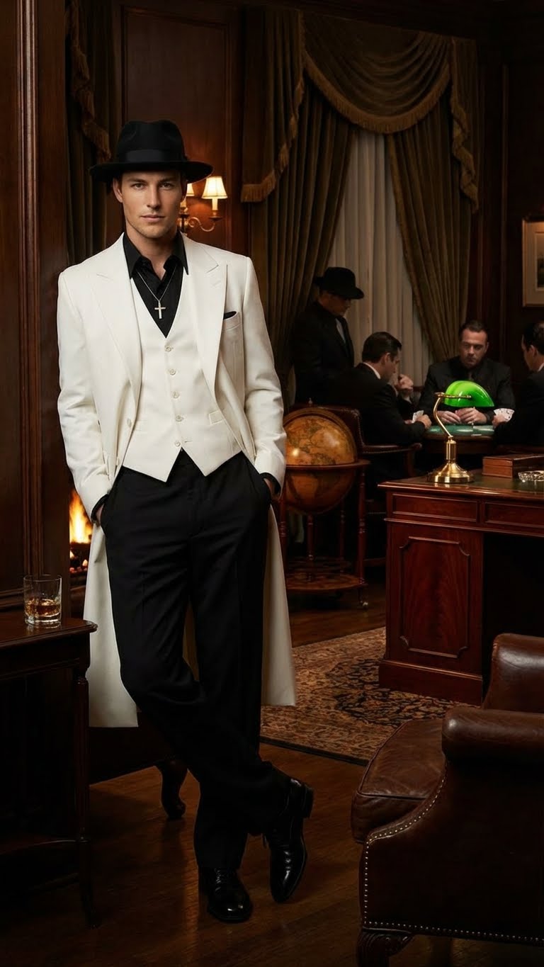 Mens White Long Zoot Suit Costume Set with Black Pants - Wedding, Prom and Party Outfit 1920s - 1930s Gangster Style