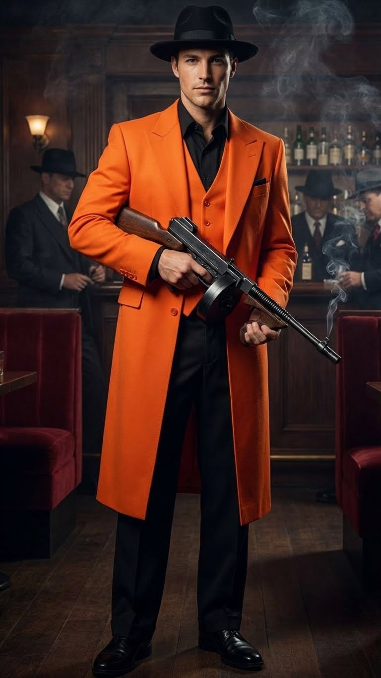 Orange zoot suit Halloween costume for men. Includes orange knee-length jacket, black shirt & pants. Tailored, smooth fabric with a sheen.