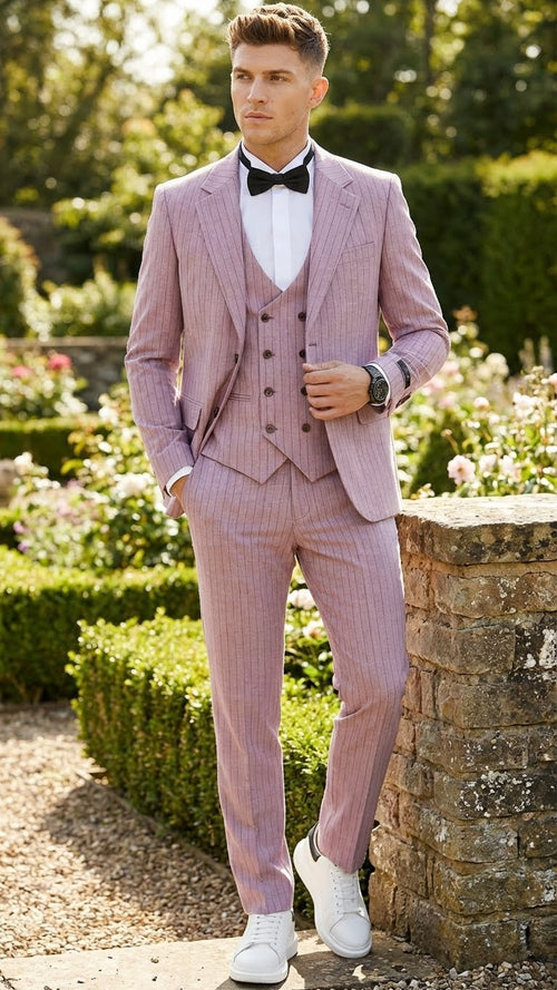 Men’s Dusty Rose Pink Pinstripe Three Piece Suit with Vest | Wedding and Party Formal Wear Prom or Church Suit