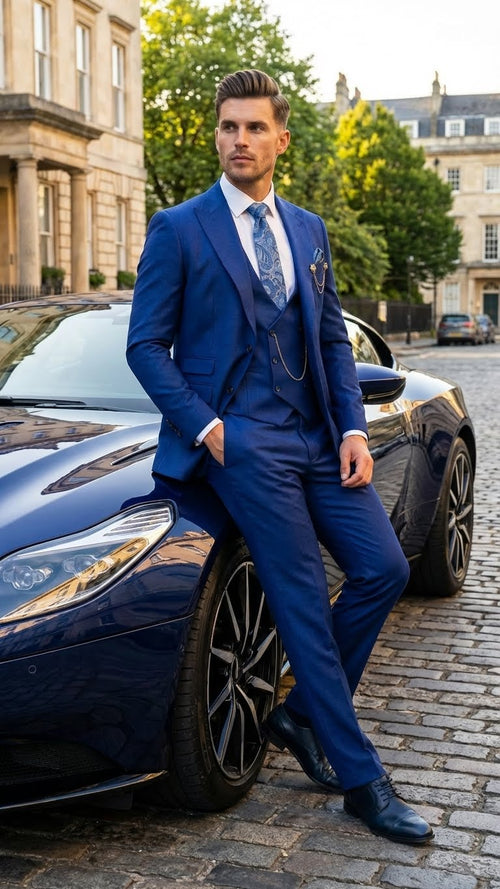 Men's royal blue 3-piece suit set: jacket, vest, trousers. Fitted, single-breasted jacket with notched lapels. Smooth fabric, vibrant color. Layered look.