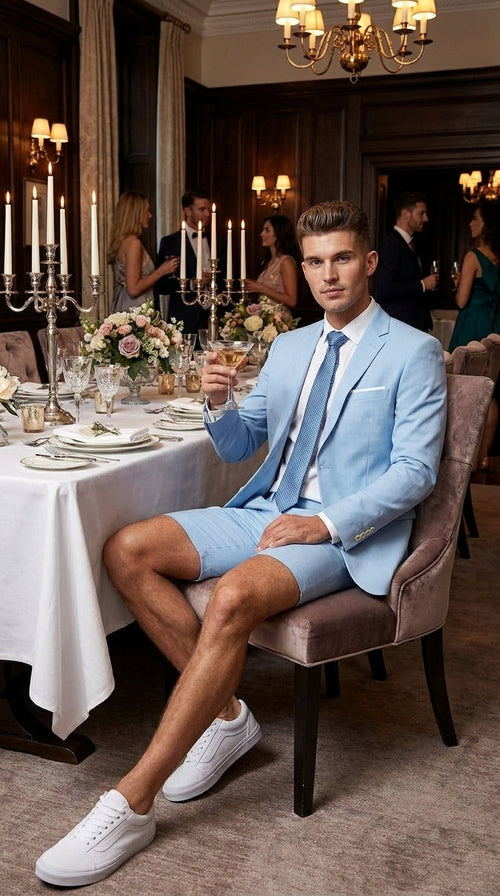 Men’s Light Blue Suit with Shorts – Casual Summer Blazer and Shorts Set for Wedding, Party and Smart Casual Wear