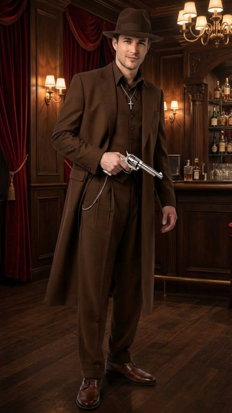 Alberto Nardoni's men's 1920s brown zoot suit: tailored, elongated silhouette with wide lapels, wide-legged trousers, and matching vest. Features a fedora, silver chain, and polished brown shoes. Smooth, formal fabric.