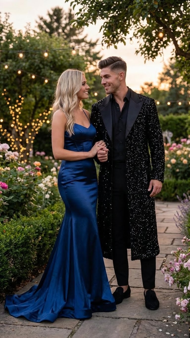 Men's black sequin long coat with satin shawl lapel. Fitted silhouette, mid-calf length, and all-over ornate sequin pattern.