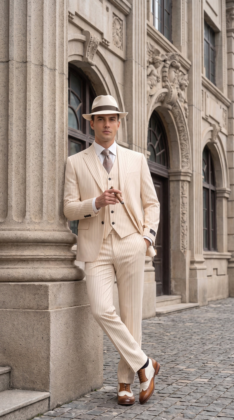 Men’s Ivory Cream Pinstripe 3-Piece Suit – 1920s Gangster Gatsby Wedding and Formal Suit
