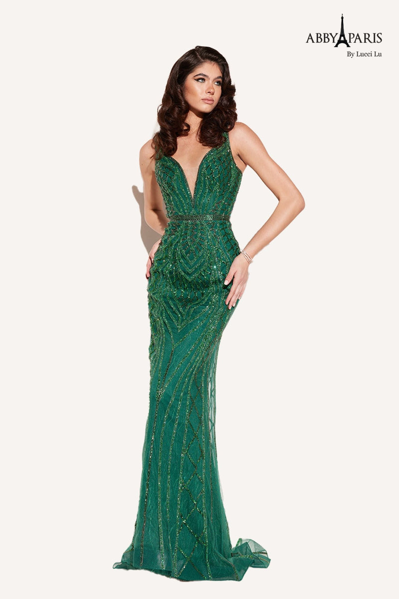 Abby Paris 90156 Beaded Sleeveless Illusion Tulle Gown