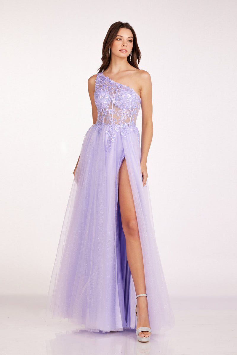 Abby Paris 90234 One Shoulder Glitter Tulle A-Line Gown