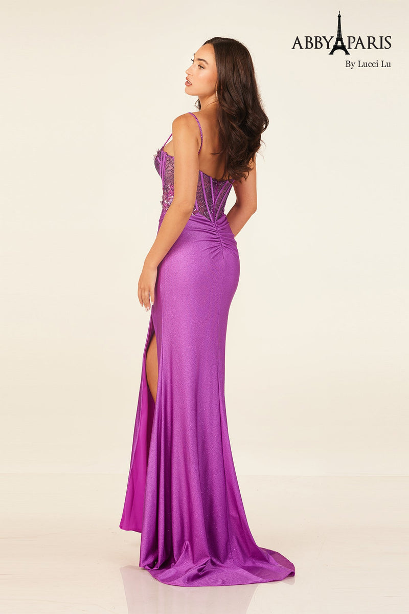 Sweetheart Glitter Applique Gown with Slit - Abby Paris 90295