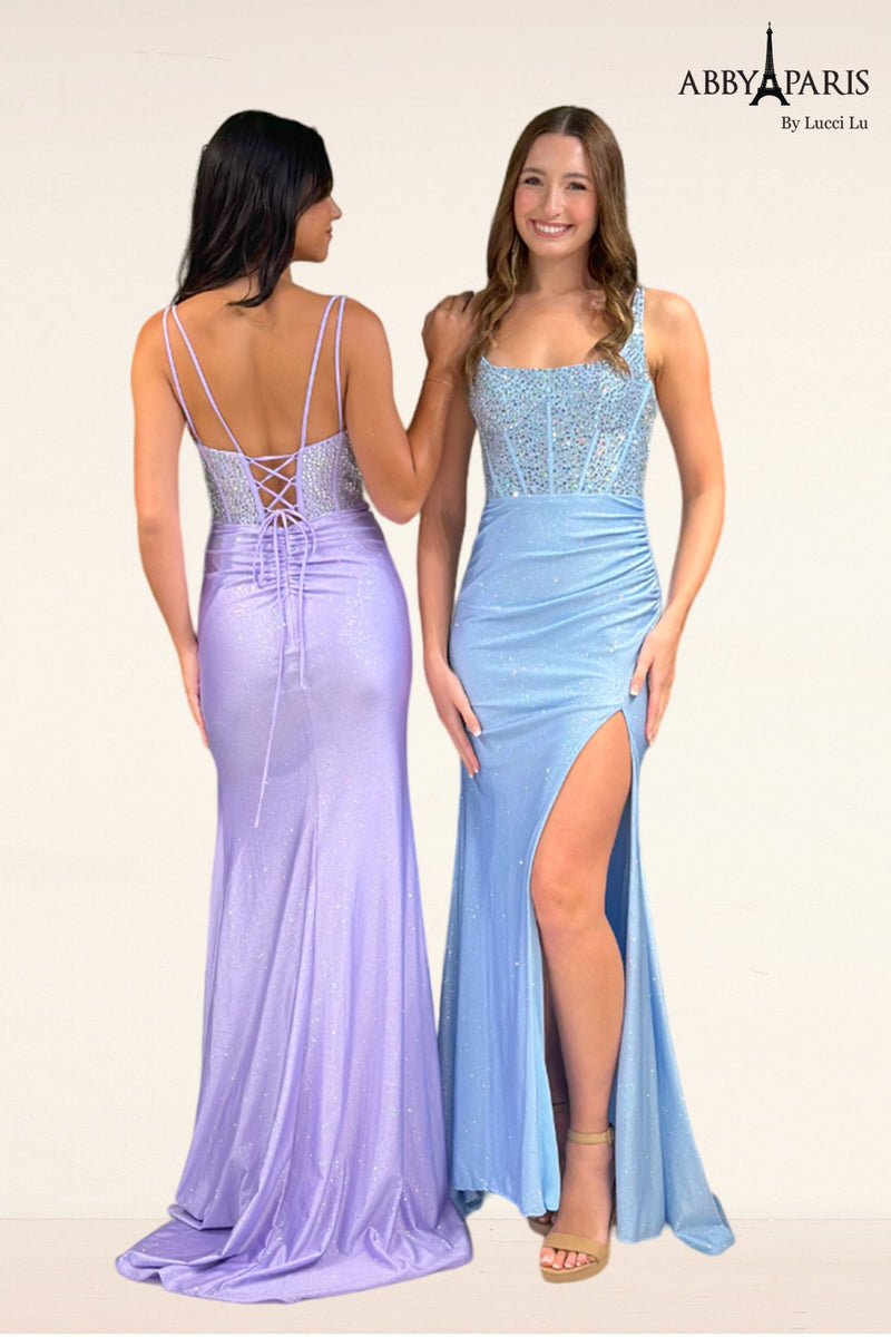 Abby Paris 90298 Beaded Glitter Corset Slit Evening Gown – Dramatic Modern Flair