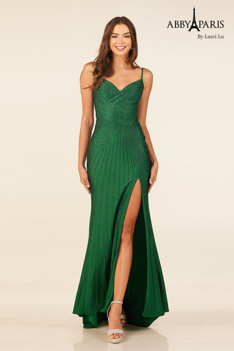 Abby Paris 90304 Beaded Sweetheart Slit Evening Gown