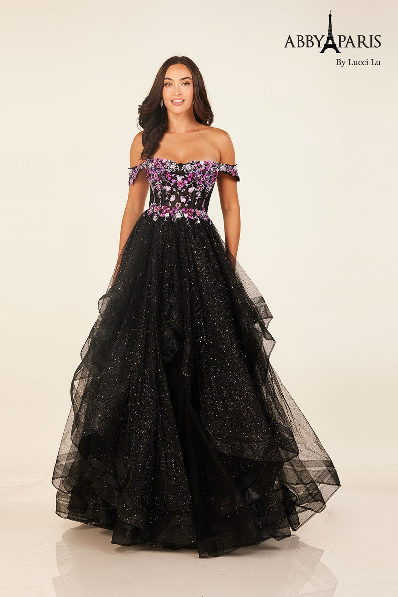 Abby Paris 90317 Off Shoulder A-line Ruffled Evening Gown
