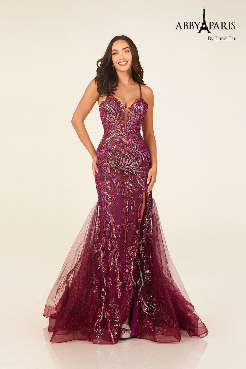 Abby Paris 90332 Beaded Sleeveless Slit Evening Gown by Lucci Lu