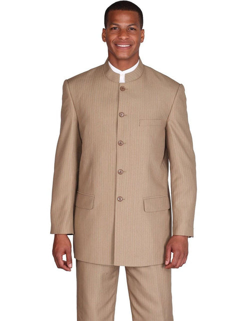 Mens 5 Button Mandarin Collar Fit Suit in Tan Pinstripe