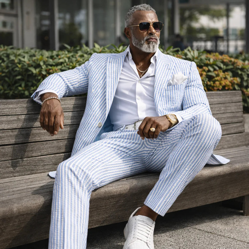 Inserch Mens Premium Cotton Seersucker Stripe Suit ā Light Blue