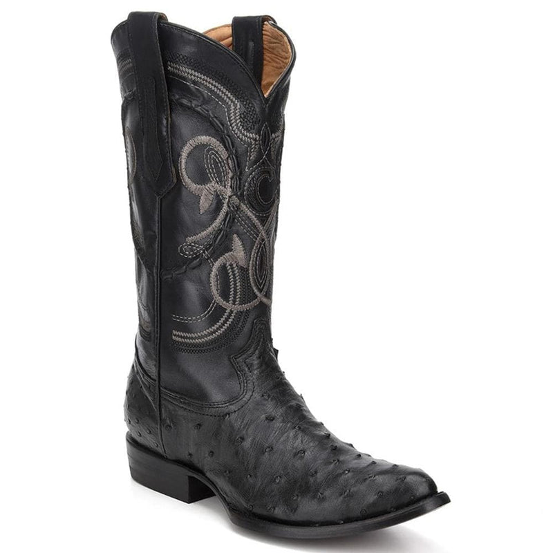 R Toe Cowboy Boots - Round Toe Cowboy Boots Cuadra Men's Black Ostrich Cowboy Boots R-Toe - Black