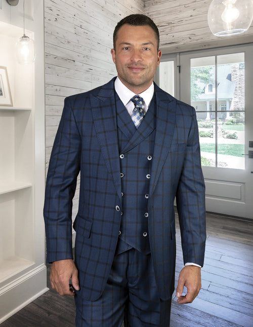 Men's indigo blue plaid suit with a classic fit. Features a one-button jacket with peak lapels, double-breasted vest, and matching trousers. Woven fabric.