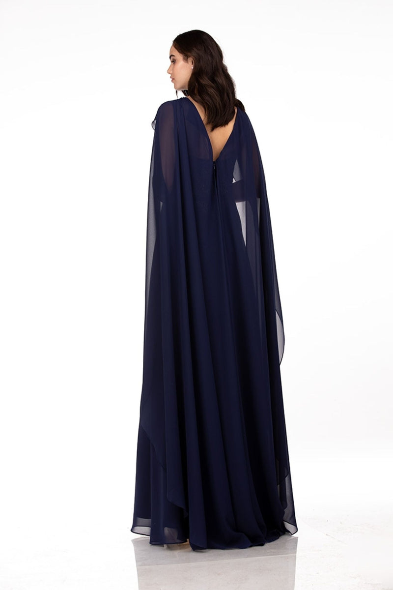 Abby Paris 96067 Lace Cape Gown with Flowing A-line Skirt