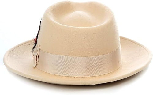 Gangster 100% Australian Wool Crushable Mens Fedora Hat - Removable Feather Gangster Tan Mens Fedora Hat