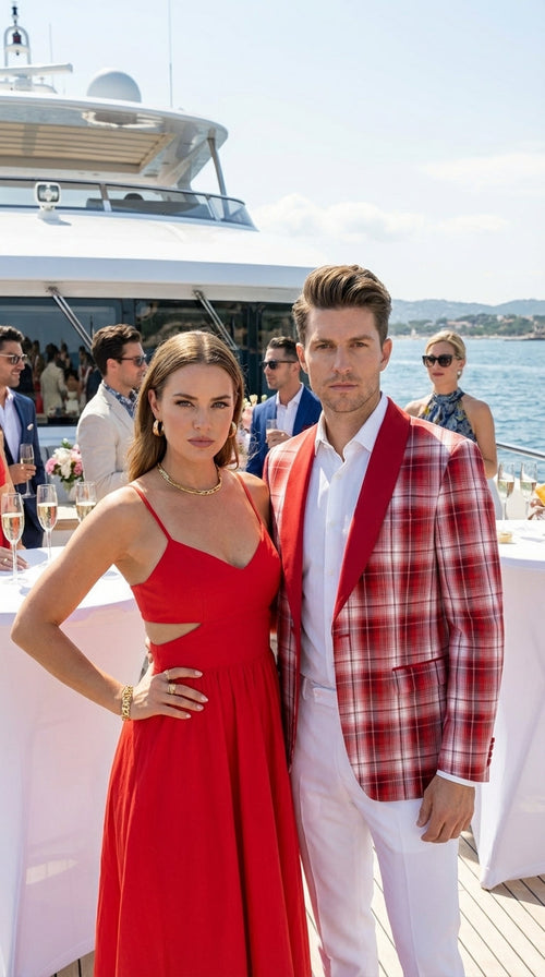 Mens Tartan Red and White Plaid Blazer – Check Pattern Sport Coat Red Shawl Lapel Party Christmas Holiday New Year