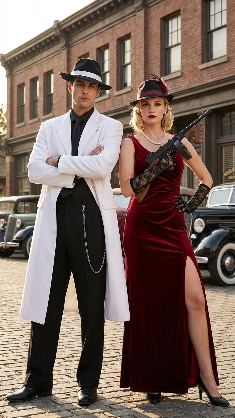 Mens White Long Zoot Style Suit | Vintage Gangster Mafia Formal Coat with Black Pants