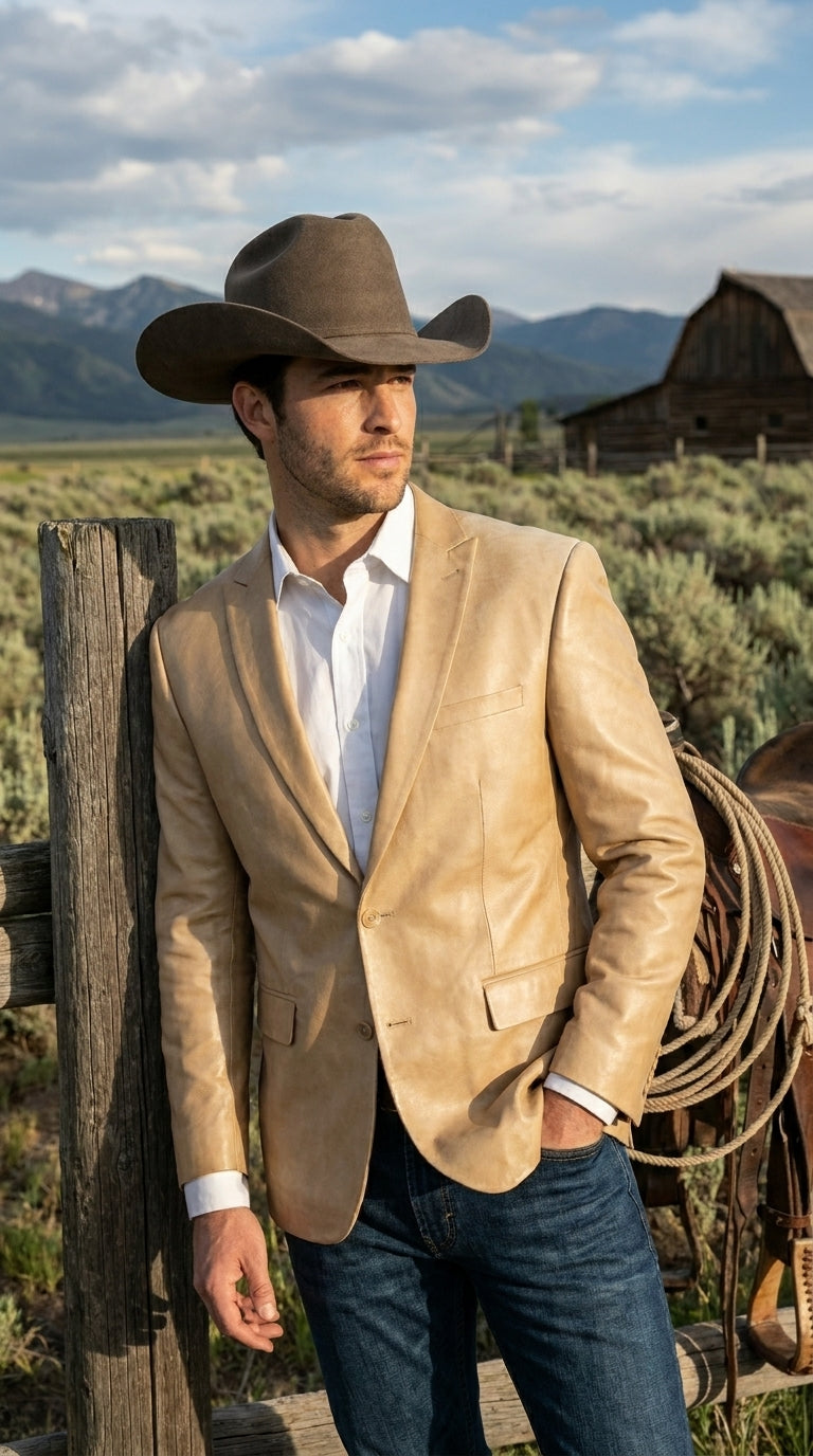 Men’s Champagne Gold Western Blazer, Formal Cowboy Wedding Ranch Sport Coat Jacket tan beige color sheen sharkskin fabric