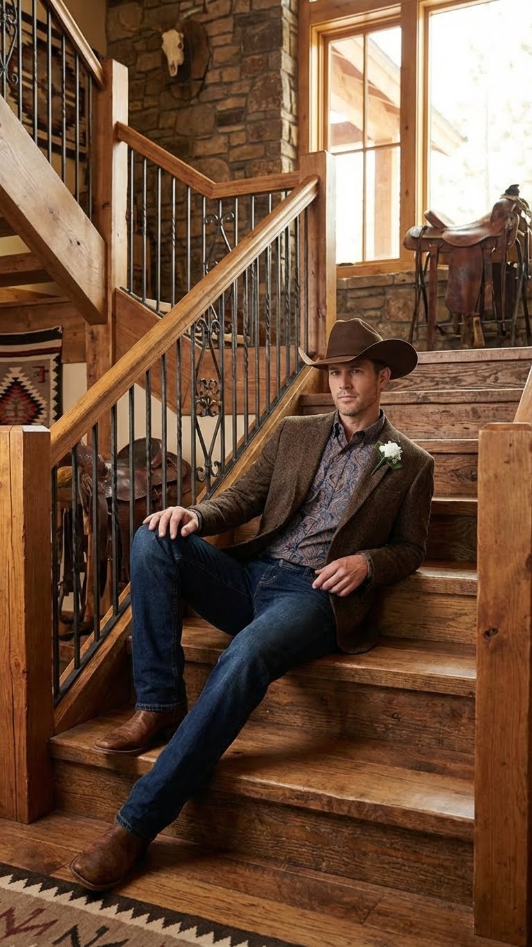 Mens Brown Western Tweed Herringbone Blazer Jacket Classic Cowboy Style Sport Coat for Wedding Party