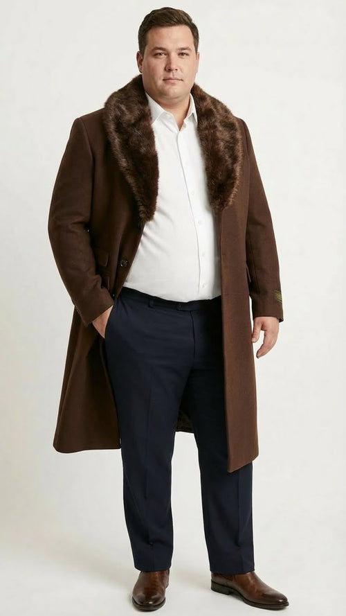 Men's brown overcoat with faux fur collar, single-breasted closure, and side pockets. Heavier fabric, structured shape, solid brown color.