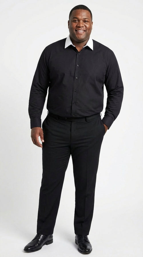 Mens Black Dress Shirt with White Contrast Collar | French Cuff Cotton Poplin Formal Button-Up Shirt