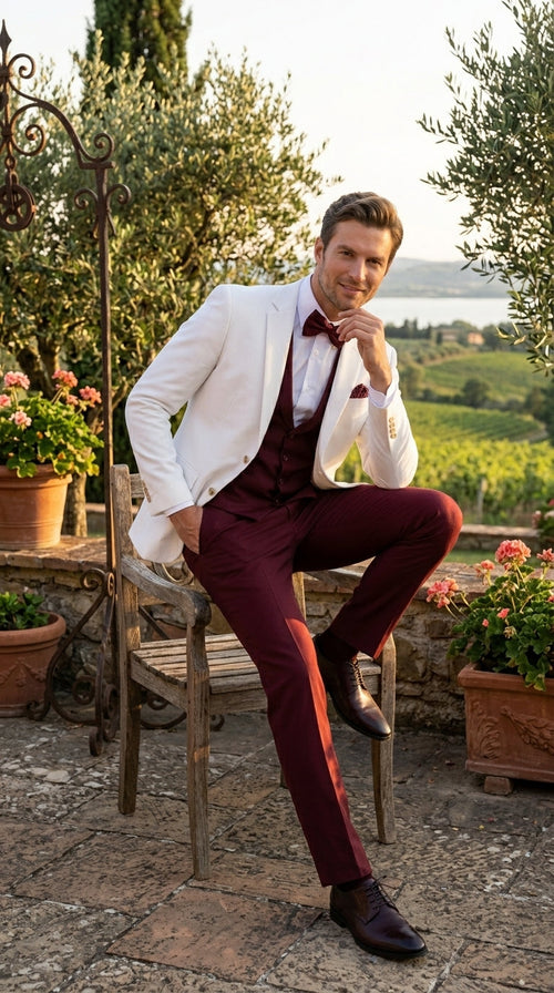 Menās White and Burgundy 3 Piece Tuxedo Suit, Vested Formal Wedding Prom Dinner Suit Set bowtie included