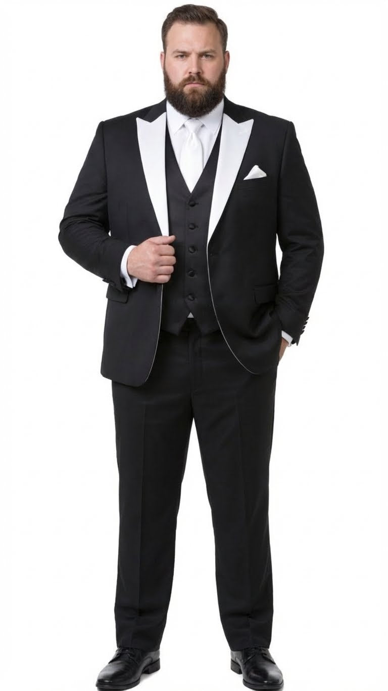 Classic men's prom tuxedo: black jacket w/ white lapels, black vest & trousers. Includes white shirt & pocket square. Formal, tailored fit with button vest closures.