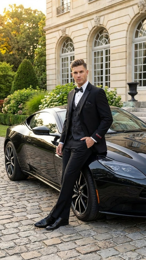 Men's Black Vested Tuxedo Suit with Patterned Lapel – Classic Formal Suit for Wedding, Party and Evening Events