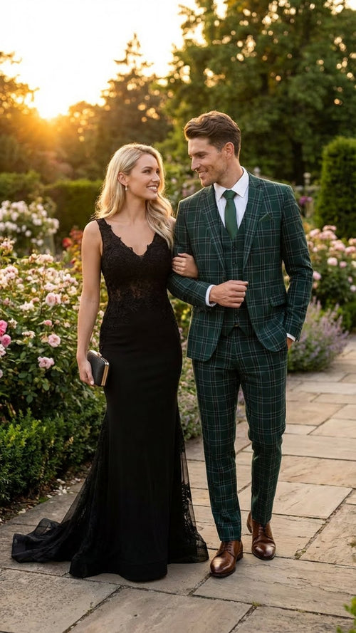 Men's Dark Green Plaid 3 Piece Suit – Checkered Suit Set for Wedding, Windowpane Tartan Fabric - Ultra Slim Fit