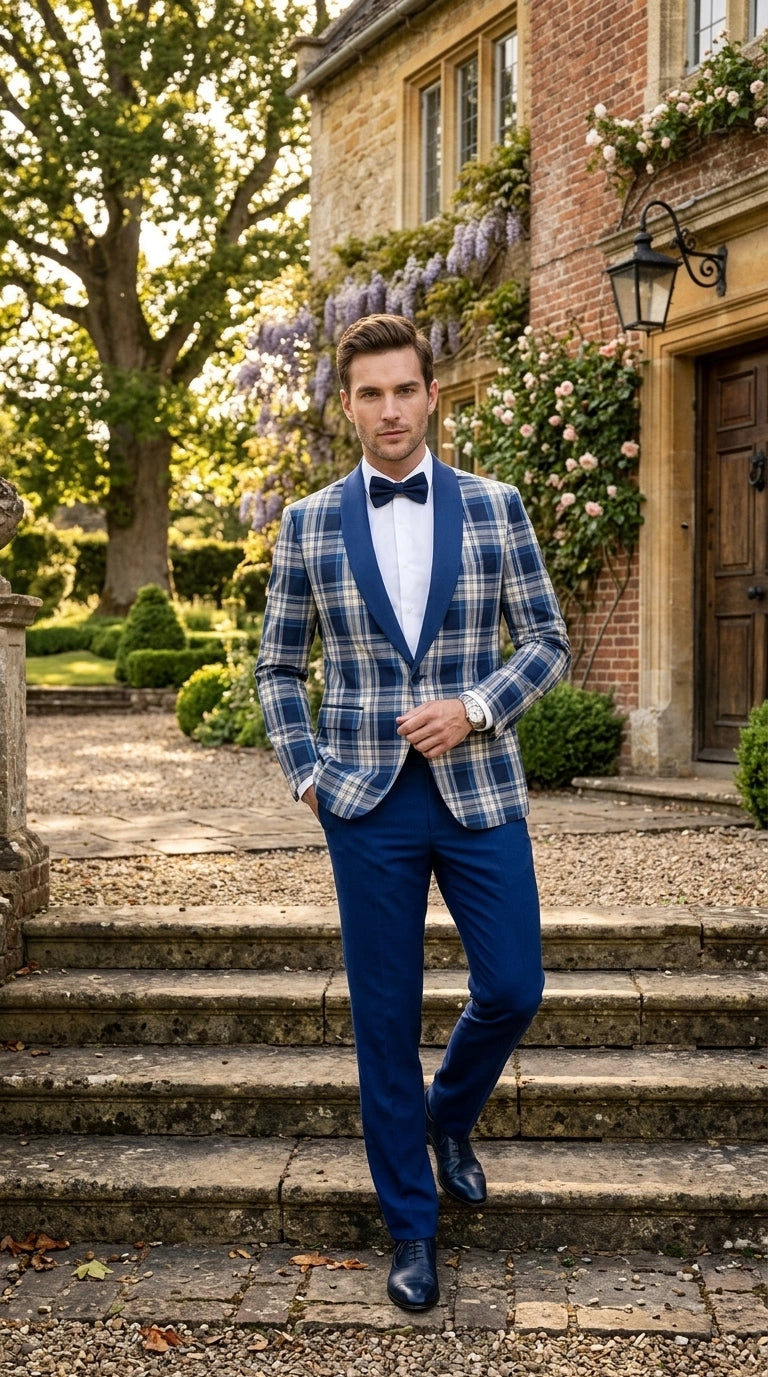 Men’s Tartan Blue Plaid and Solid Blue Tuxedo – Modern Check Pattern Formal Suit for New Year - Christmas - Holiday Jacket with Pants