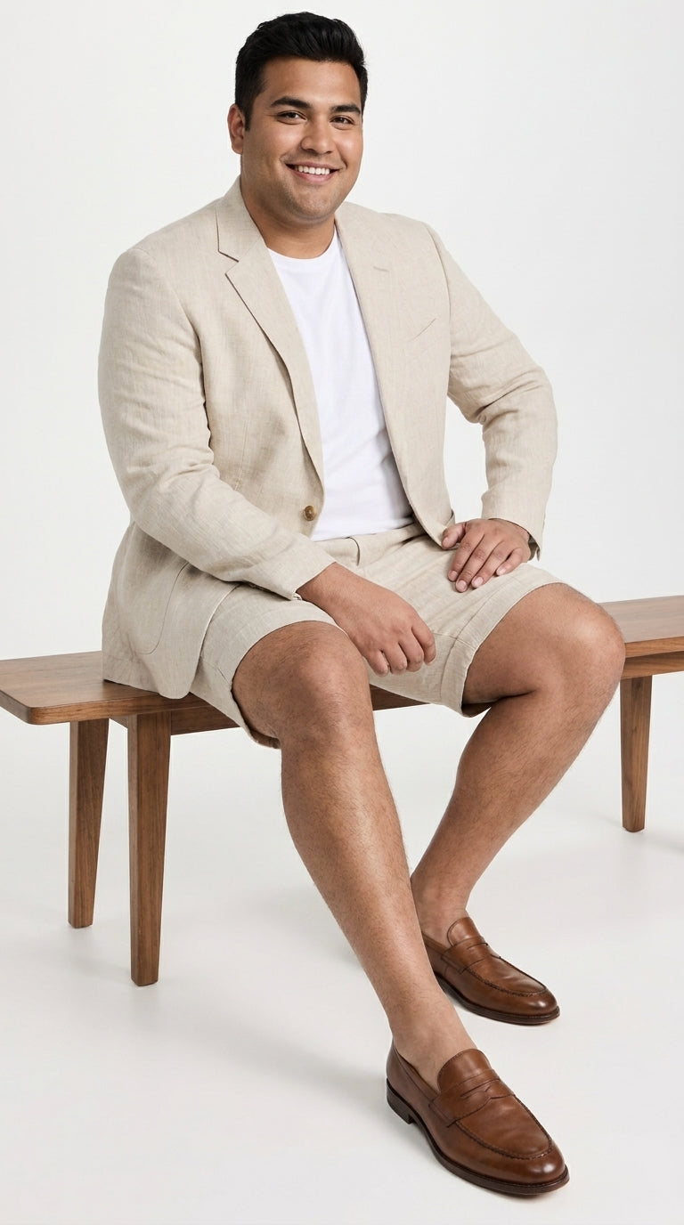 Menās Tan Linen Suit with Shorts, 2 Piece Summer Short Suit, Casual Beach Wedding Outfit