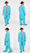 Men's sky blue zoot suit: long coat (straight cut, wide lapels), loose trousers. Lightweight material. Striped tie & red hat. Uniform color. No patterns.