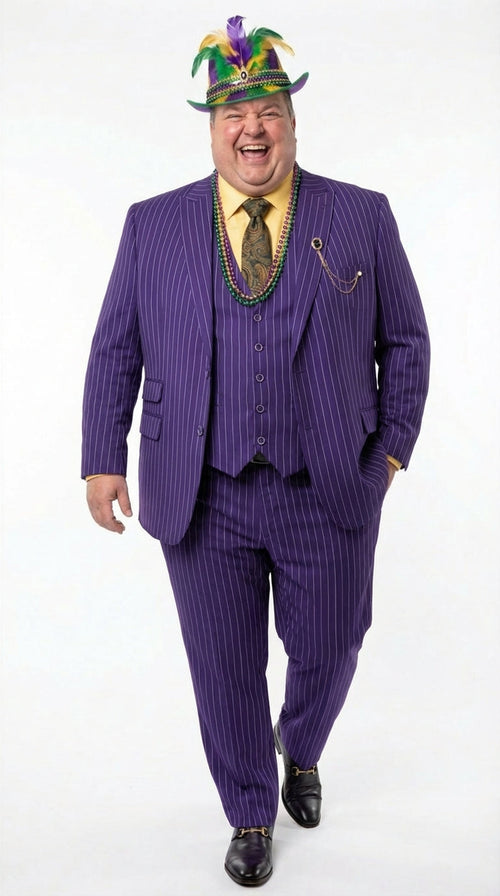 Men’s Purple Pinstripe Mardi Gras Suit | Three Piece Carnival Formal Suit with Vest