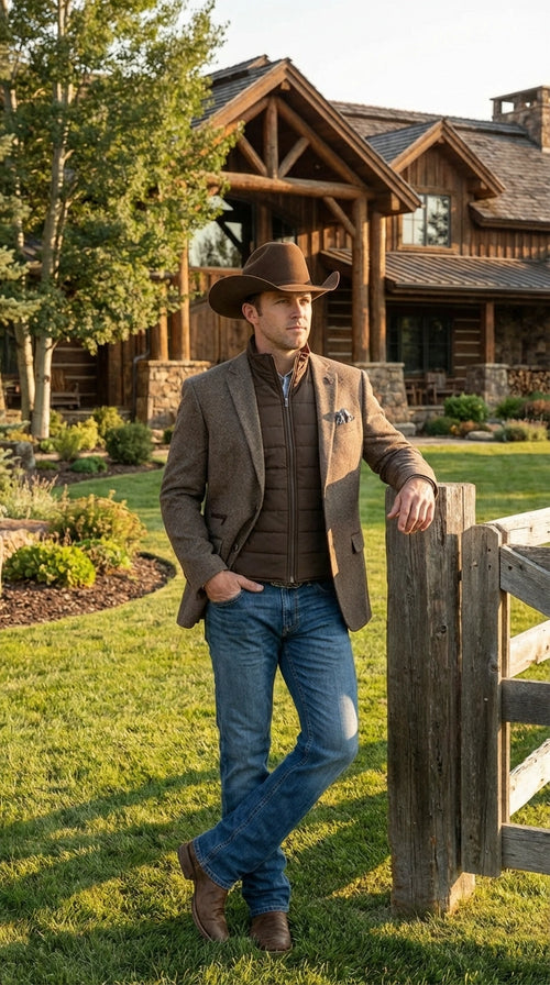 Men’s Brown Herringbone Tweed Cowboy Western Blazer – Classic Country Sport Coat Jacket for Ranch Wear, Cowboy Jacket