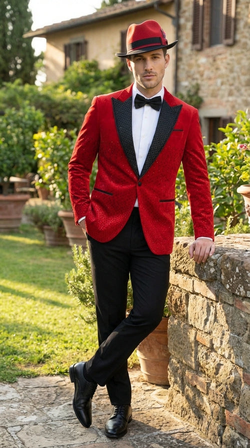Men’s Red Velvet Fabric Rhinestone Blazer with Matching Red and Black Hat – Christmas New Year Holiday Party Jacket Set