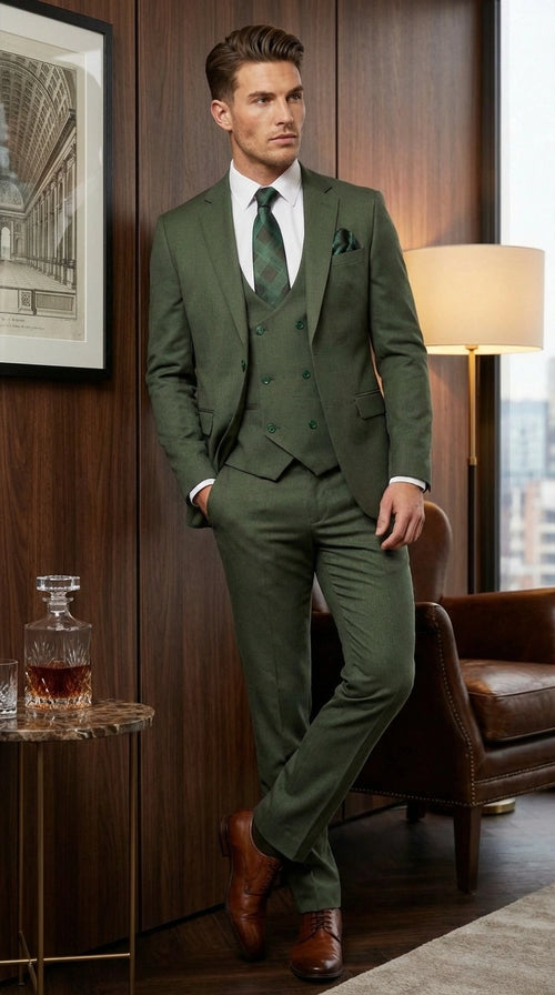 Men’s Forest Green Three Piece Suit – Double Breasted Vest Formal Wedding and Business Suit Set Olive Green Slim Fit