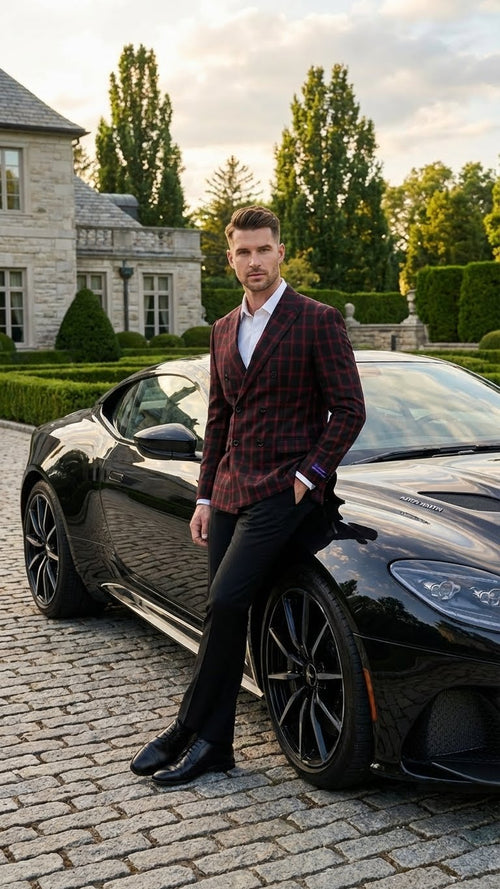 Men’s black and red check double-breasted blazer features a structured shape with wide lapels and two rows of buttons. The fabric displays a bold check pattern, and the blazer is tailored for a fitted silhouette.